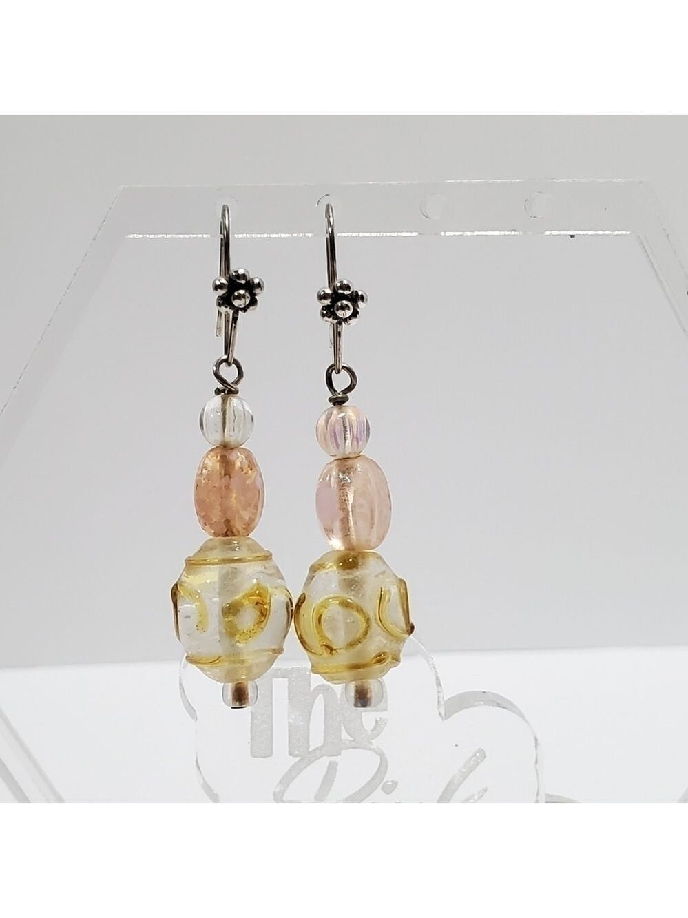 Handmade glass bead dangle earrings floral pierced fish hook